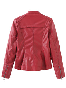 Women‘s Pu Leather Jacket Stand Collar Long Sleeve Coat