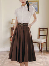 Load image into Gallery viewer, 1950S Vintage White Abat Sleeve Shirt And Swing Skirt Set With Belt Audrey Hepburn&#39;s outfit