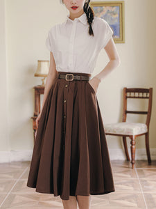 1950S Vintage White Abat Sleeve Shirt And Swing Skirt Set With Belt Audrey Hepburn's outfit