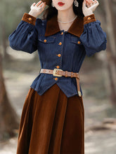 Load image into Gallery viewer, 2PS Denim Coat With Brown Velvet Swing Skirt 1950S Vintage Audrey Hepburn&#39;s Style Outfits