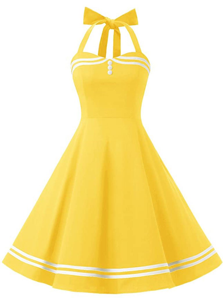 1950S Polka Dots Halter Sailor Style Dress Yellow / XL