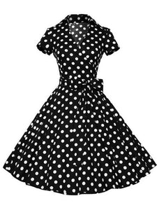 Green Elegant High Waist V Neck Short Sleeve Dots Vintage Dress