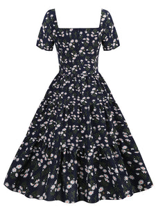 Square Neck Daisy Print Retro 1950S Dress