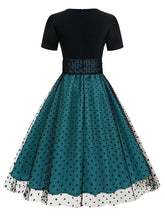 Load image into Gallery viewer, Black Crew Neck Polka Dots Embroidered Short Sleeve 50S Swing Dress