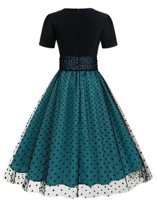 Black Crew Neck Polka Dots Embroidered Short Sleeve 50S Swing Dress