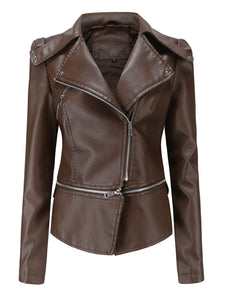Cool Girl Coat Long Sleeve PU Leather Motorcycle Jacket With Detachable Hem