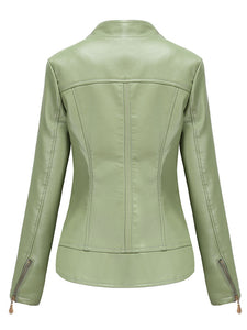 Light Green Long Sleeve PU Leather Motorcycle Jacket
