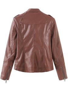 Brown Long Sleeve PU Leather Soft Jacket For Women