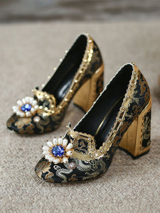 10CM Luxury Pearls And Diamonds Chunky Heels Retro Shoes