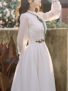Yellow Flower Embroidered Puff Long Sleeve Edwardian Revival Dress