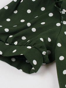 1950s Dark Green Polka Dots Puff Sleeve Vintage Dress