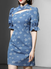 Load image into Gallery viewer, Retro Cheongsam Stand Collar Hollow Puff Sleeves Denim Printed Mini Dress