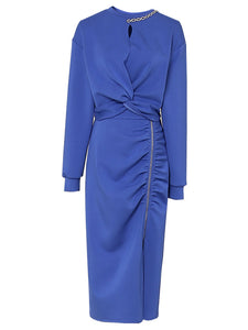 2PS Royal Blue Casual Crew Neck Loose Short Sweater And Smocked Bodycon Skirt Suit