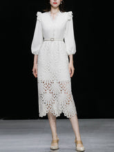 Load image into Gallery viewer, Green V Neck  3/4 Sleeve Lace 1960S Dress