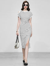 Load image into Gallery viewer, Striped Crew Neck Slit Casual Sexy Bodycon Dress