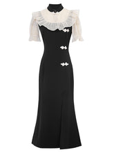 Load image into Gallery viewer, White Semi Sheer Ruffles With Black Fishtail Cheongsam Dress