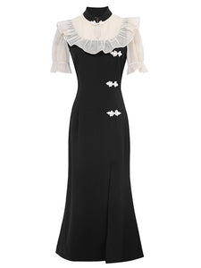 White Semi Sheer Ruffles With Black Fishtail Cheongsam Dress