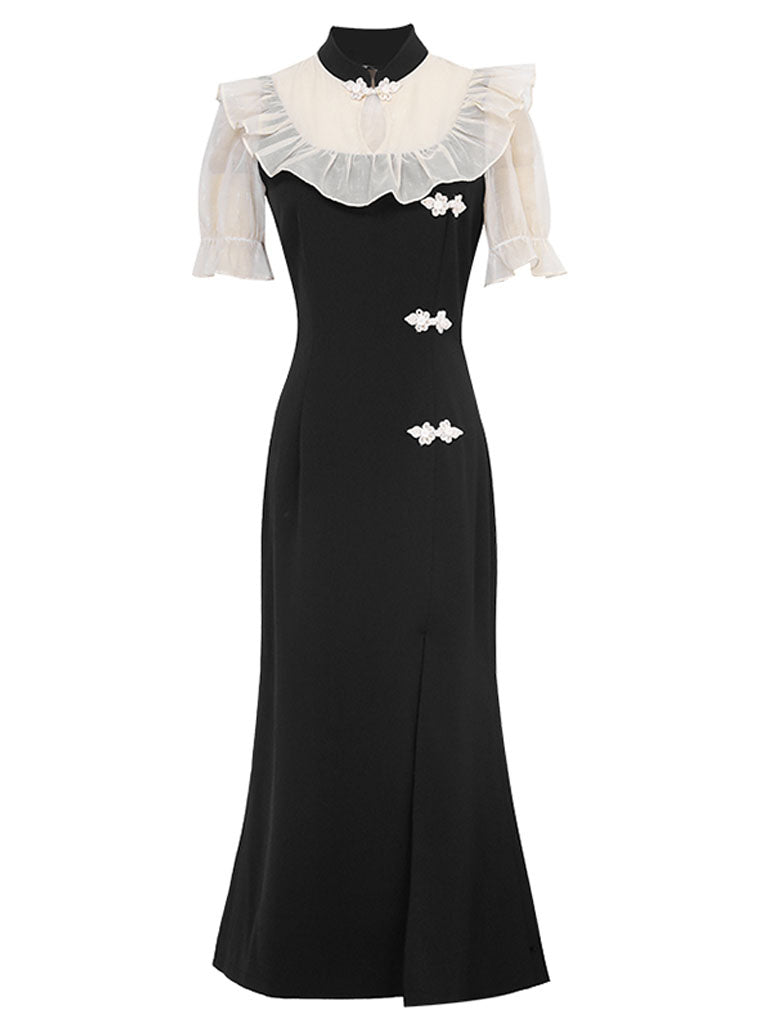 White Semi Sheer Ruffles With Black Fishtail Cheongsam Dress