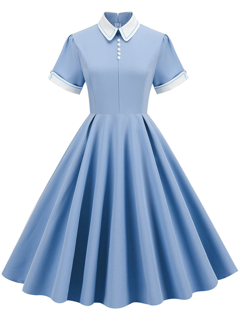 Solid Color Peter Pan Collar 1950S Dress With Pockets