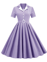 Load image into Gallery viewer, Green Plaid Turn Down Collar Short Sleeves 1950S Vintage Shirt Dress