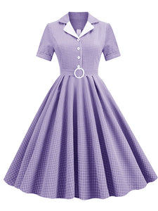 Green Plaid Turn Down Collar Short Sleeves 1950S Vintage Shirt Dress