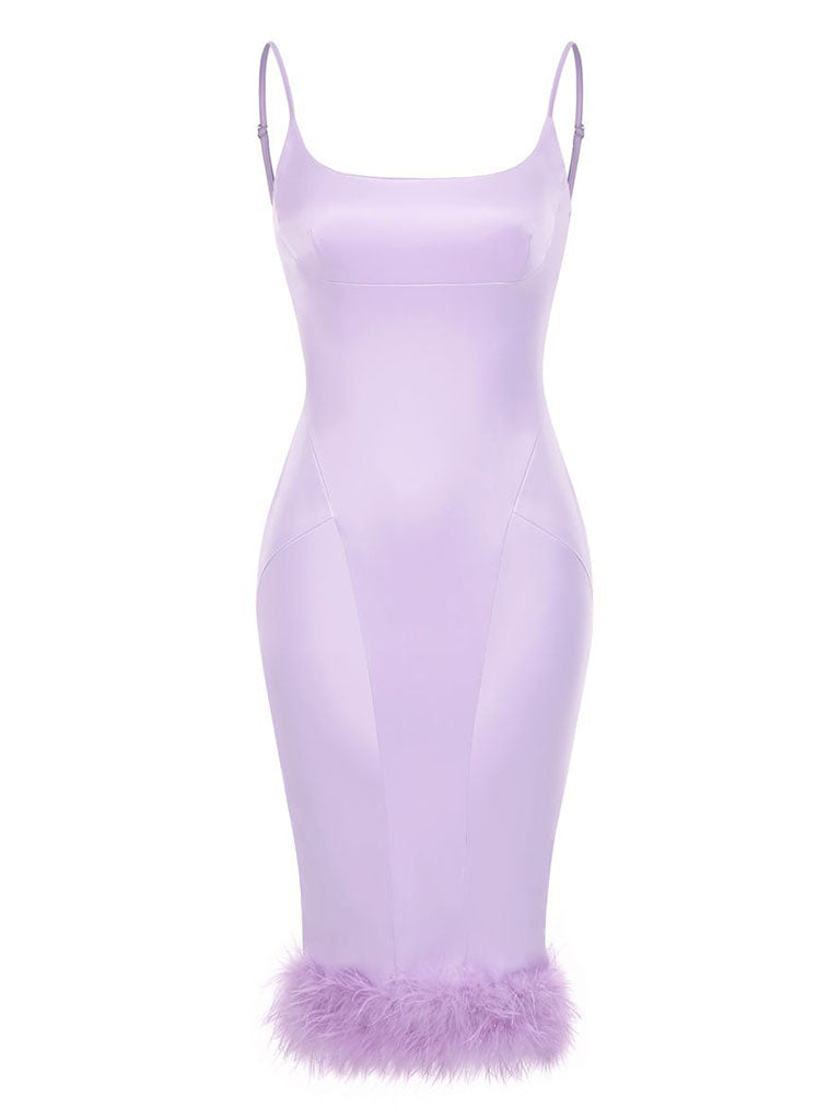 Purple Spaghetti Strap Satin Feather Hem Bodycon Dress Sexy Gown Party –  Jolly Vintage