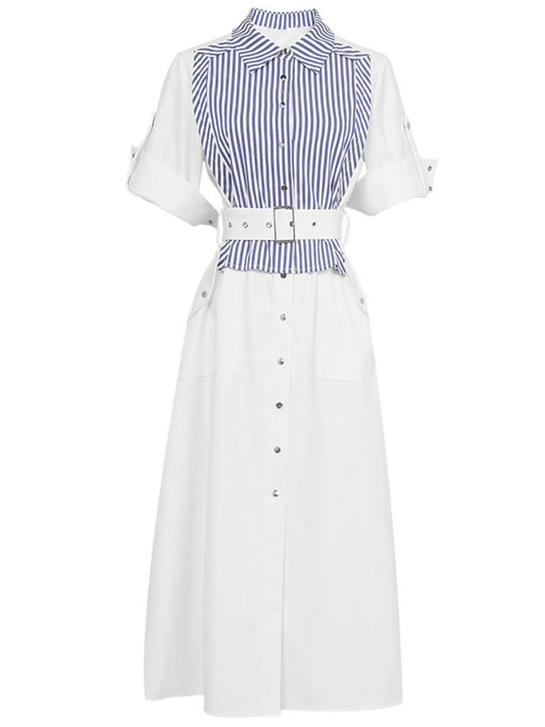 White Striped Short Sleeve 1950S Shirt Dress