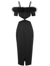 Load image into Gallery viewer, Black Spaghetti Strap Feather Off The Shoulder Bodycon Dress Sexy Gown Party Dress