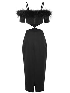 Black Spaghetti Strap Feather Off The Shoulder Bodycon Dress Sexy Gown Party Dress
