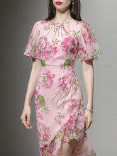 Load image into Gallery viewer, Pink Floral Print Chiffon Ruffles 1960S Dress