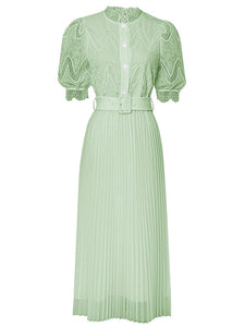 Apricot Stand Collar Puff Sleeve Mesh Pleated Dress