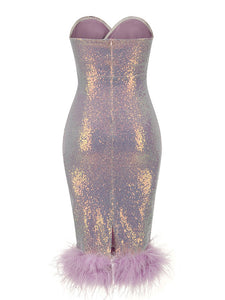 Purple Sweet Feather Hem Sequin Strapless Bodycon Sexy Gown Party Dress