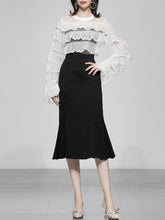 Load image into Gallery viewer, 2PS Crew Neck Long Sleeve White Lace Lotus Leaf Top And Black Fishtail Skirt Suit