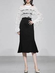 2PS Crew Neck Long Sleeve White Lace Lotus Leaf Top And Black Fishtail Skirt Suit