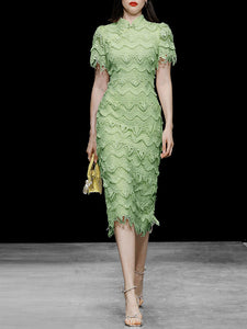 Green Heavy Lace Fabric Embroidered Tassel 1940S Vintage Dress