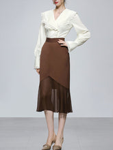 Load image into Gallery viewer, 2PS White Lace Ruffles V Neck Top And Brown Fishtail Skirt Dress Suit
