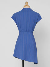 Load image into Gallery viewer, 2PS Blue Vertical Striped Lapel Sleeveless Slim Top High Waist Asymmetric Short Skirt Set
