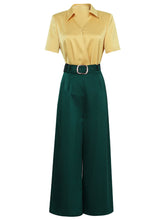 Load image into Gallery viewer, 2PS Yellow Elegant V-neck Short Sleeve Shirt With High-waisted Wide Pants Suit