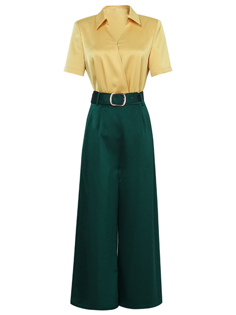 2PS Yellow Elegant V-neck Short Sleeve Shirt With High-waisted Wide Pants Suit
