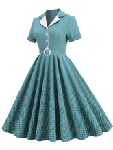 Load image into Gallery viewer, Green Plaid Turn Down Collar Short Sleeves 1950S Vintage Shirt Dress