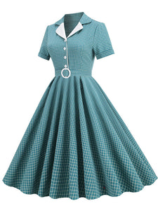 Green Plaid Turn Down Collar Short Sleeves 1950S Vintage Shirt Dress