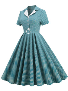 Green Plaid Turn Down Collar Short Sleeves 1950S Vinatge Shirt Dress