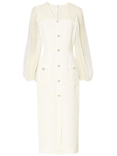 Load image into Gallery viewer, Light Pink Solid Color Puff Long Sleeve V-Neck Pearl 1940S Dress