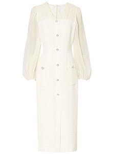 Light Pink Solid Color Puff Long Sleeve V-Neck Pearl 1940S Dress
