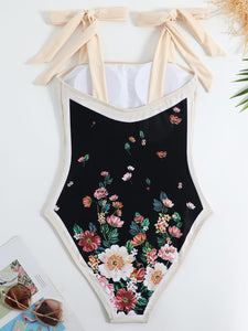 Black Floral Print Flower Strap One Piece With Bathing Suit Wrap Skirt