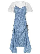 Load image into Gallery viewer, 2PS White 1950S Vintage Classic Top And Spaghetti Strap Denim Swing Dress Suit