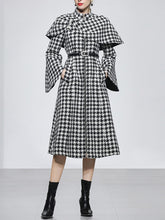 Load image into Gallery viewer, 2PS Stand Collar Flared Sleeve  Houndstooth Wool Coat With Retrievable Cape