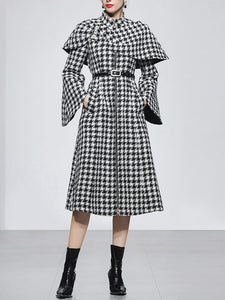 2PS Stand Collar Flared Sleeve  Houndstooth Wool Coat With Retrievable Cape
