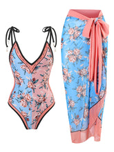 Load image into Gallery viewer, Floral Print Retro Style V Neck One Piece With Bathing Suit Wrap Skirt