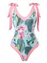 Load image into Gallery viewer, Floral Print Retro Style V Neck One Piece With Bathing Suit Wrap Skirt